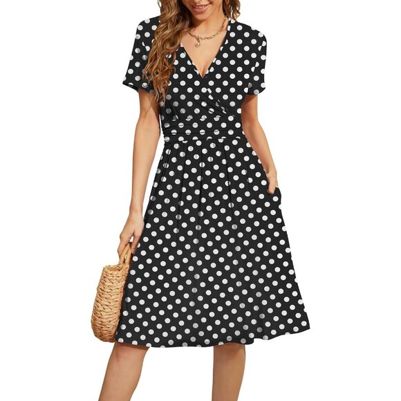 Dresses & Skirts - Women White Dot Short Sleeve V-Neck Floral Stretchy Party Dress with Pockets